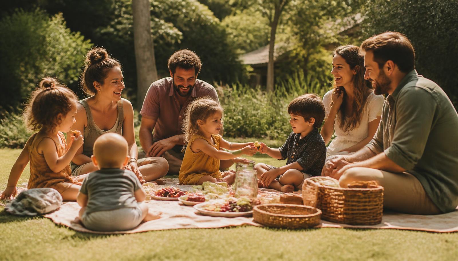 Parents and children sharing a picnic on a blanket in a sunny garden